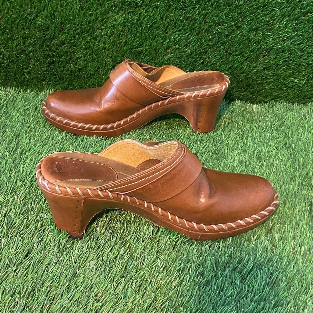 Frye Mules Women's 9.5M Brown Leather Studded Stitched Buckle 3" Heel - Picture 3 of 7